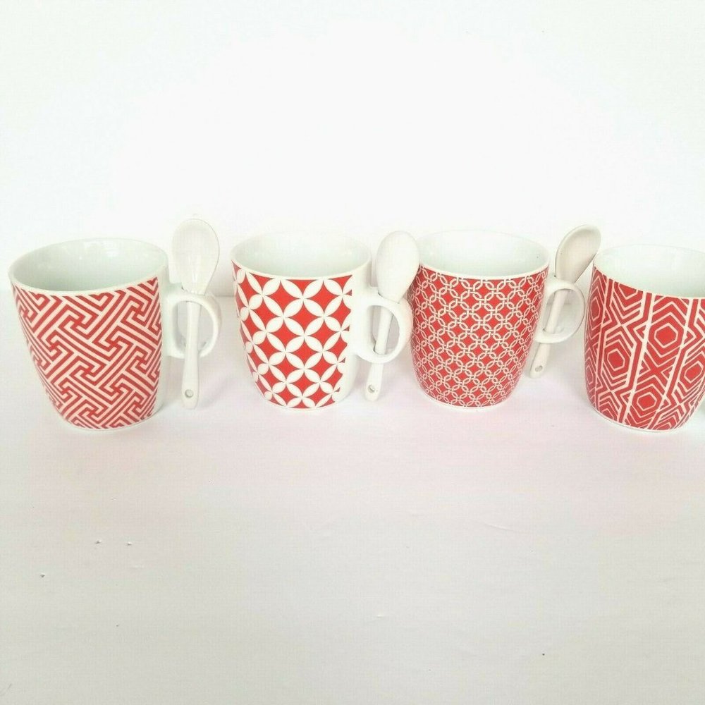 Set of 4 Red Cappuccino Espresso Coffee Chocolate Tea Cups with Spoons Valentine